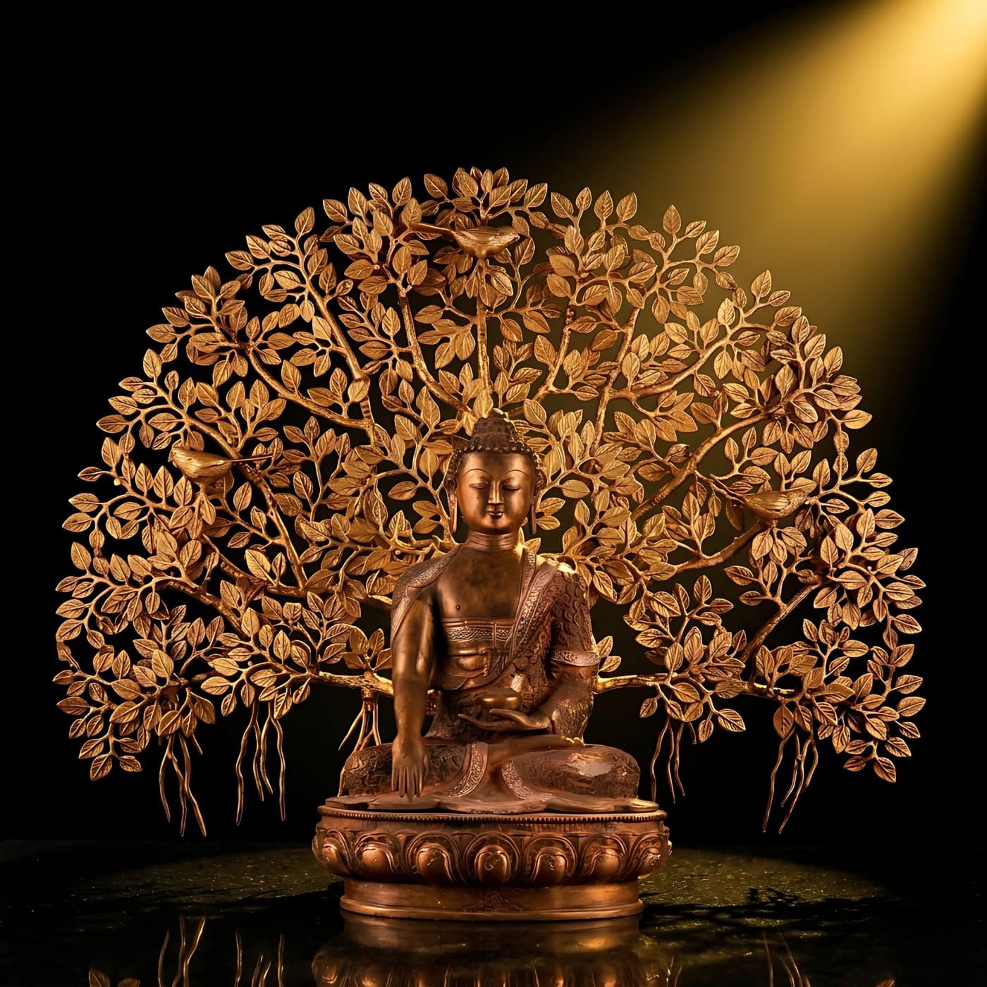 Brass Enlightened Nirvana Buddha Statue & Superfine Kalpavriksha Tree – Spiritual Decor Set - Image 1